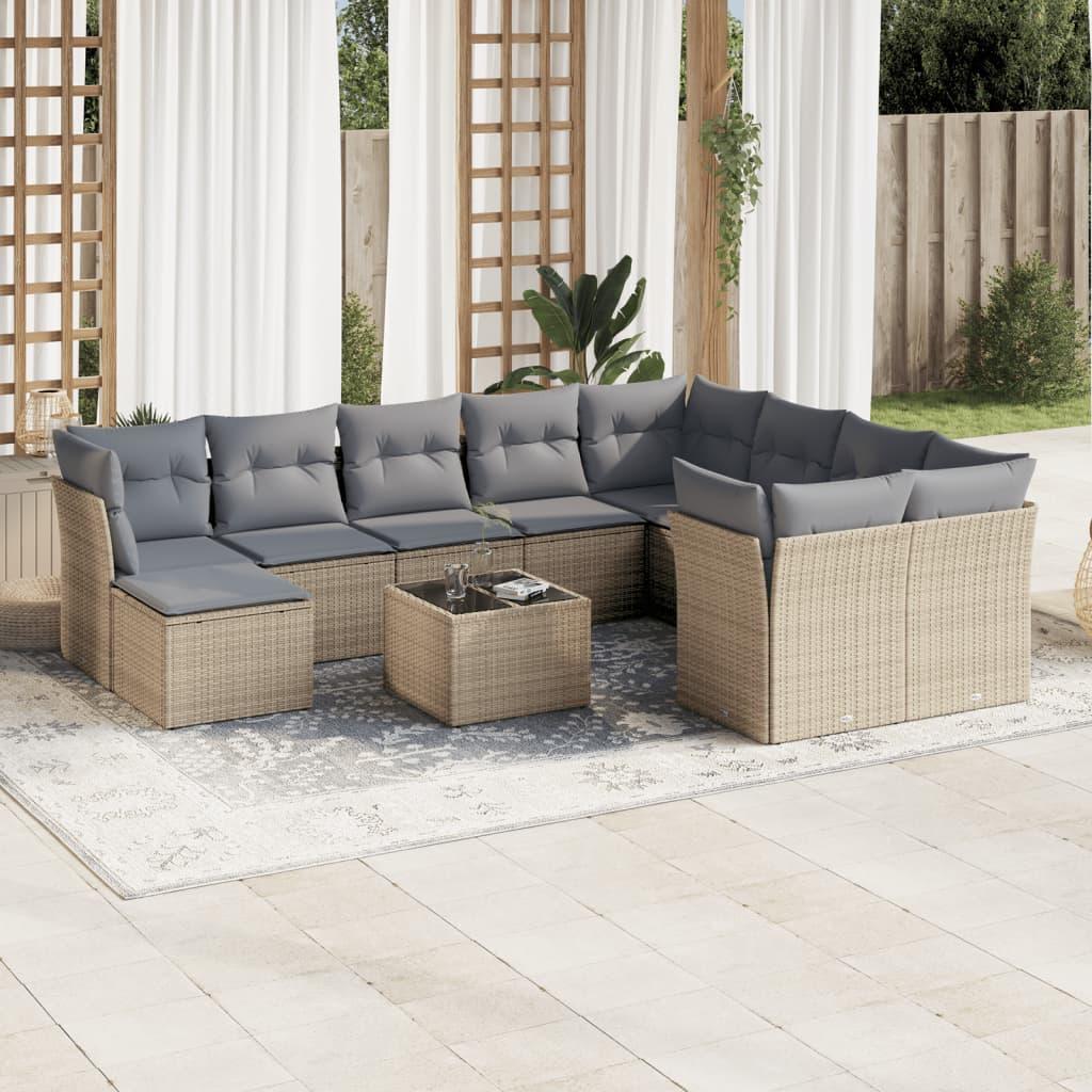 Sofasæt til haven i polyrattan - 11 dele med hynder, beige/lysegrå