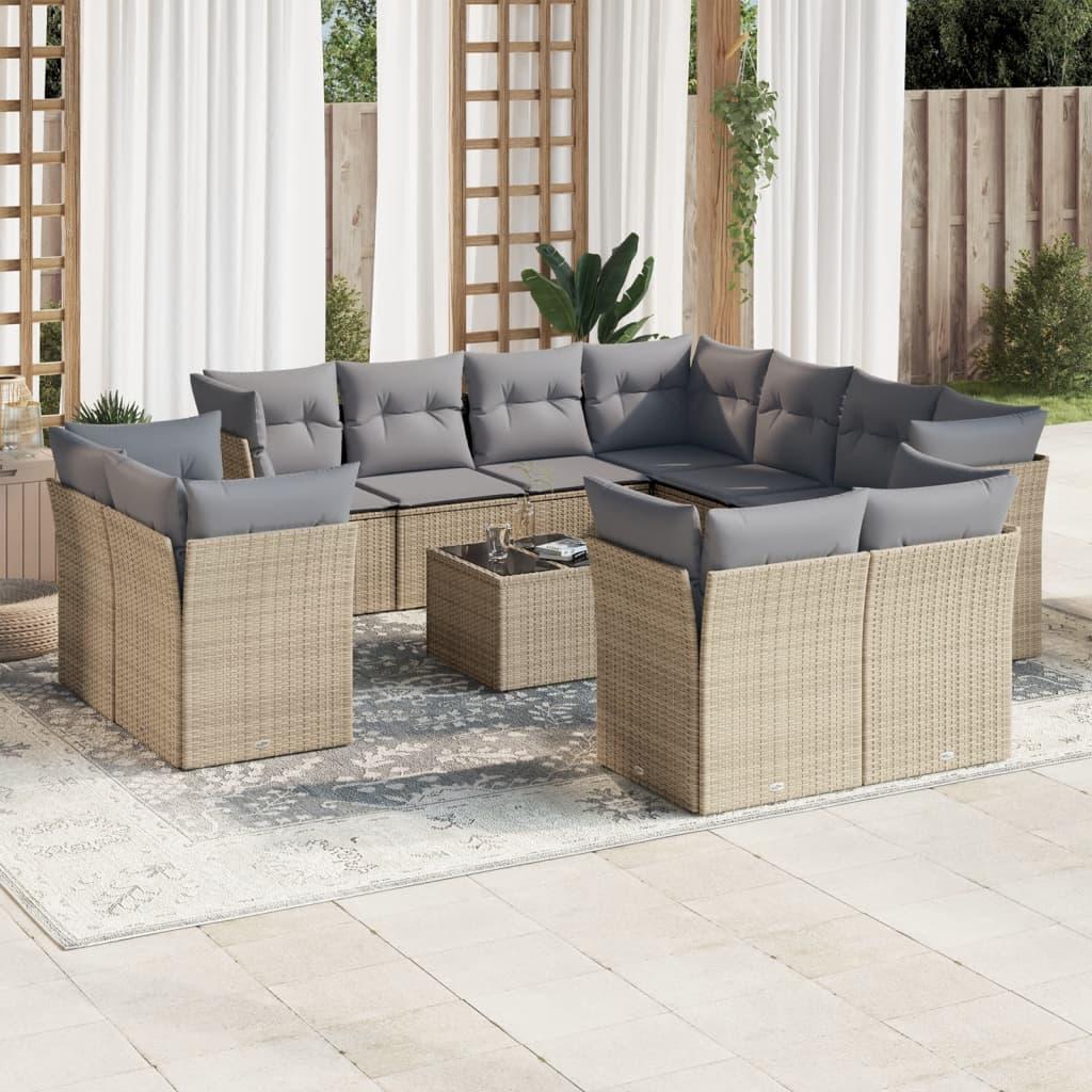 Sofasæt til haven 12 dele med hynder og glasbord i polyrattan beige
