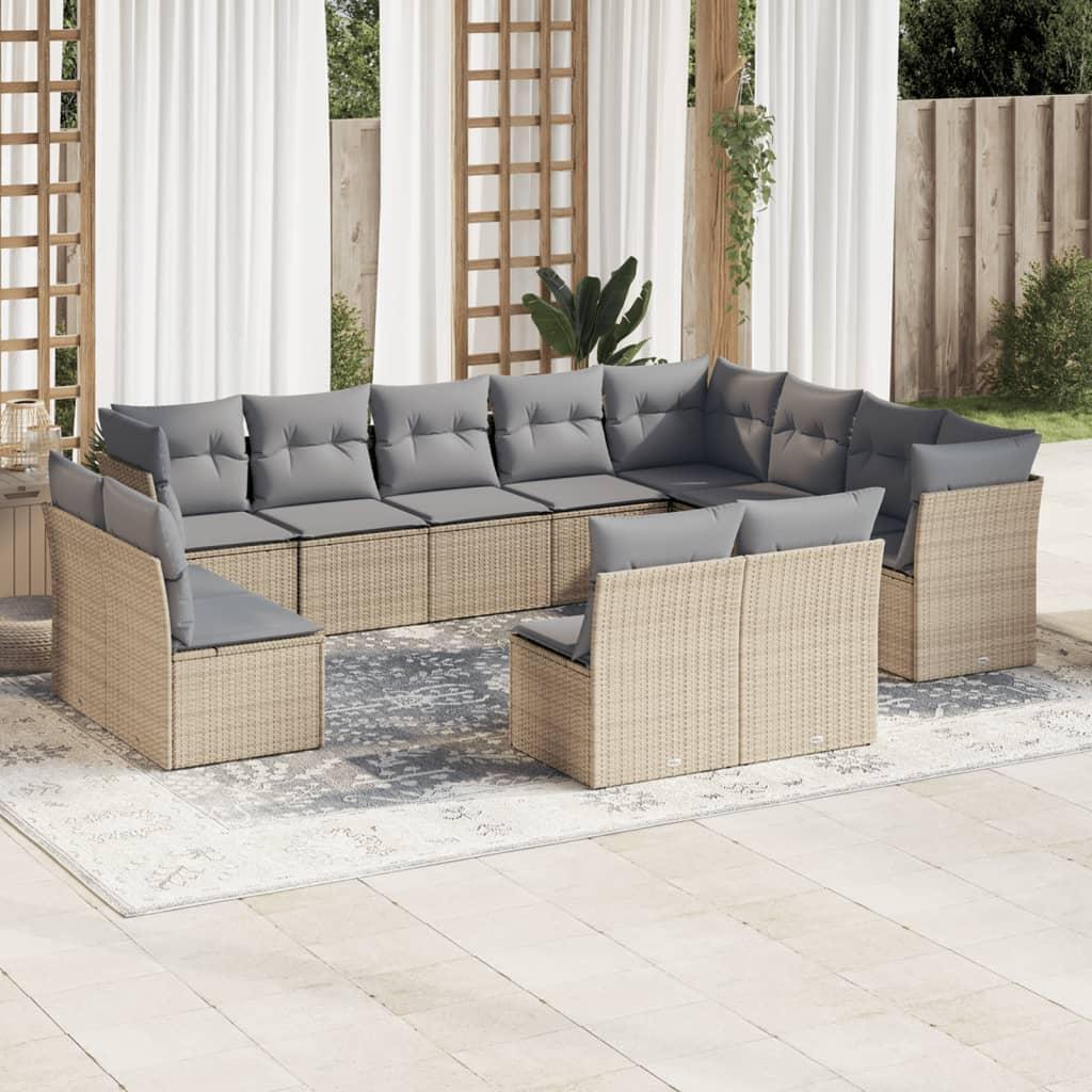 Sofasæt til haven i polyrattan - 12 dele med hynder, beige/lysegrå