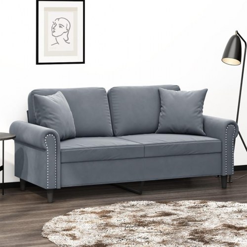 2-personers sofa i velour med pyntepuder, 140 cm - mørkegrå