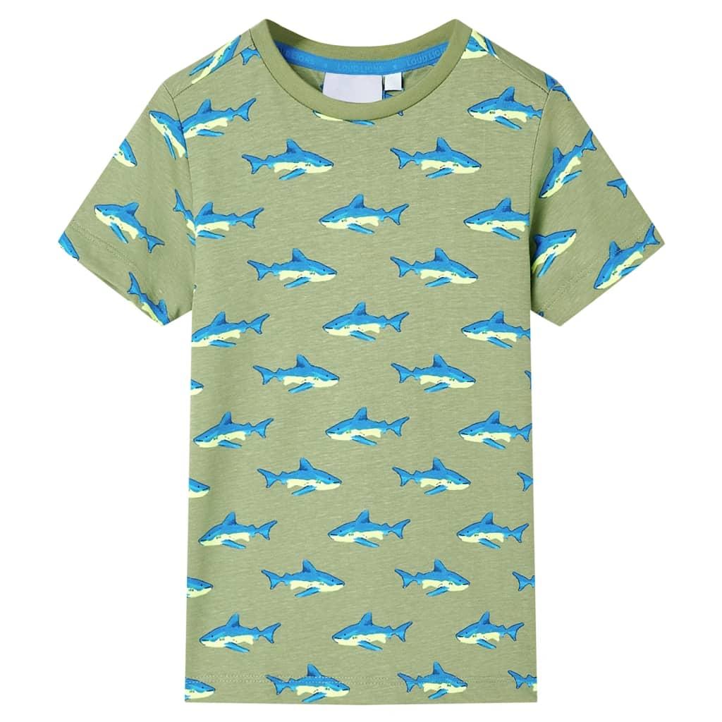T-shirt til børn str. 140 - lys kakifarvet med hajprint