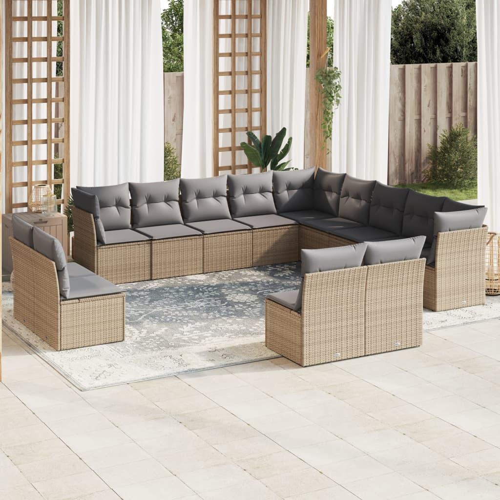 Sofasæt til haven 12 dele med hynder og glasbord i polyrattan - beige