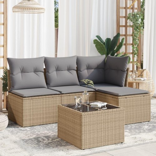 Sofasæt til haven 5 dele med hynder og glasbord i polyrattan - beige
