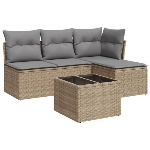 Sofasæt til haven 5 dele med hynder og glasbord i polyrattan - beige