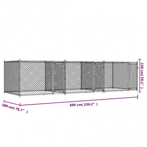 Hundegård med låge 6 × 2 × 1,5 m - galvaniseret stål, grå