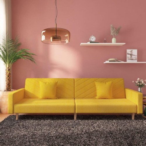 2-personers sovesofa i stof med 2 puder - gul