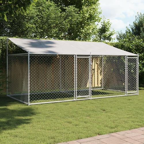 Hundegård med tag og låger 4x2x2 m galvaniseret stål grå
