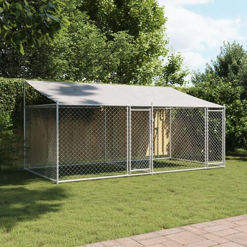 Hundegård med tag og låger 4x2x2 m galvaniseret stål grå