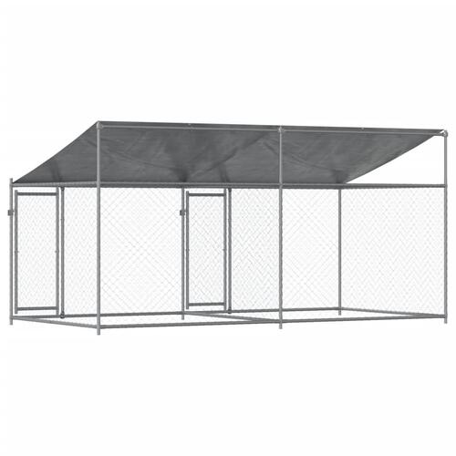 Hundegård med tag og låger 4x2x2 m galvaniseret stål grå