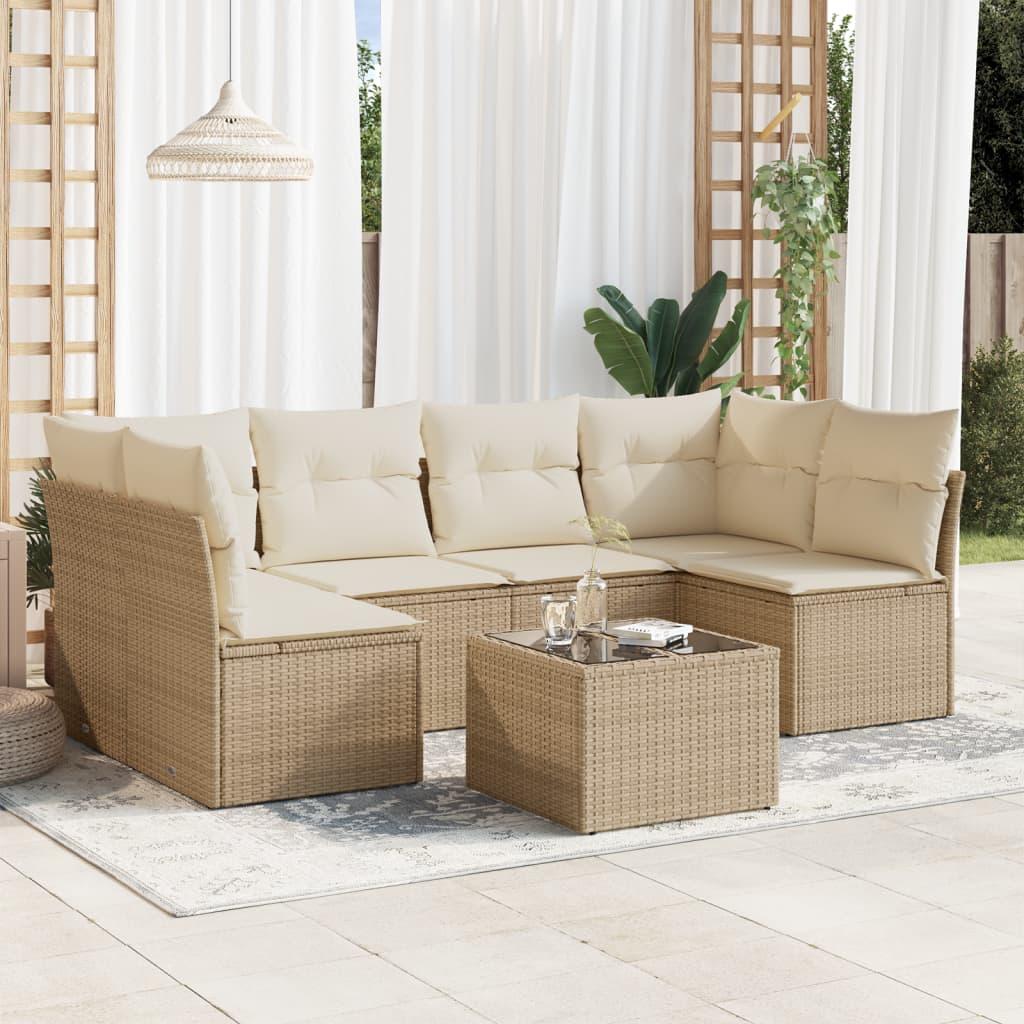 Sofasæt Til Haven 7 Dele Med Hynder Polyrattan - beige og cremefarvet / Med bord