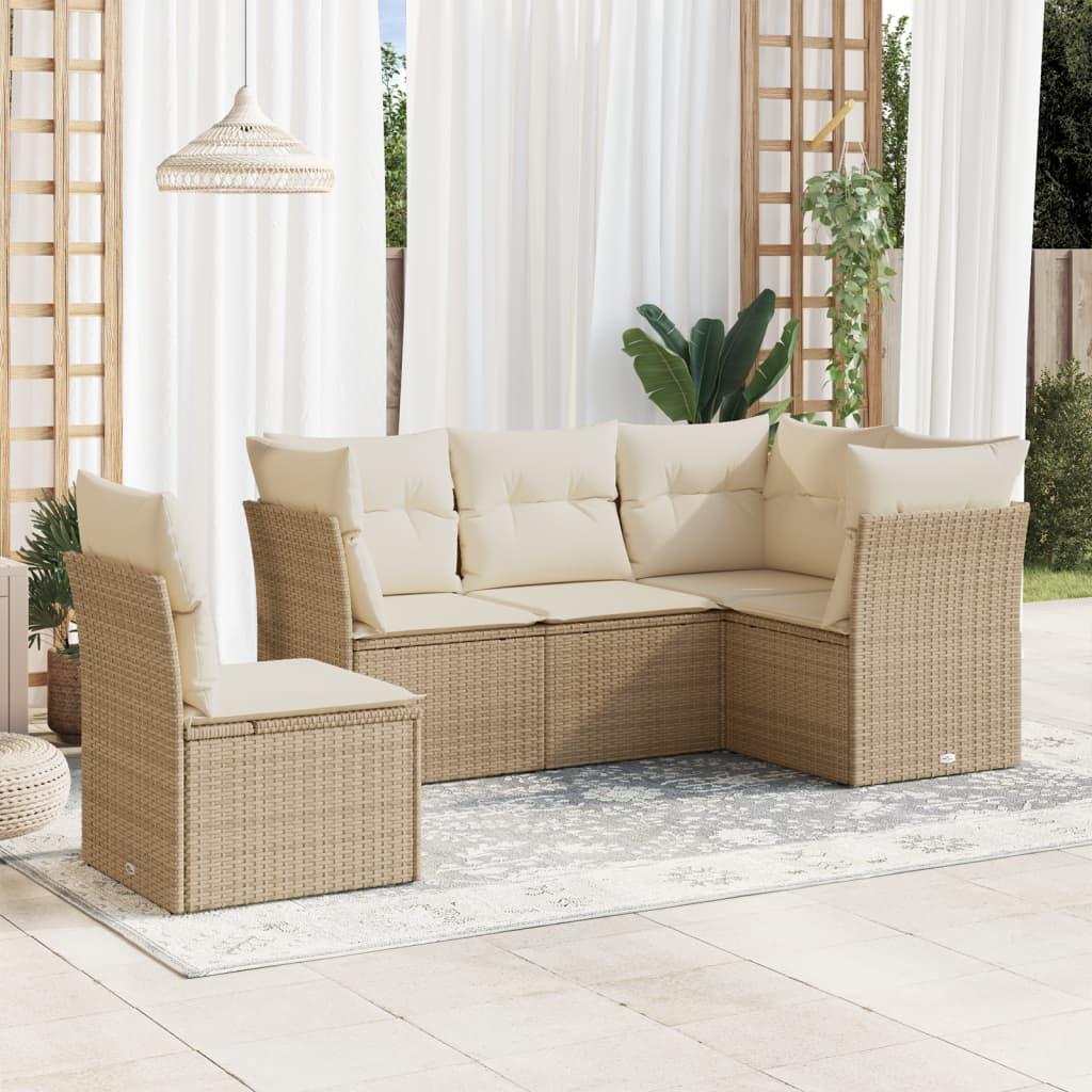 Sofasæt Til Haven 5 Dele Med Hynder Polyrattan Sort - beige og cremefarvet / Uden bord