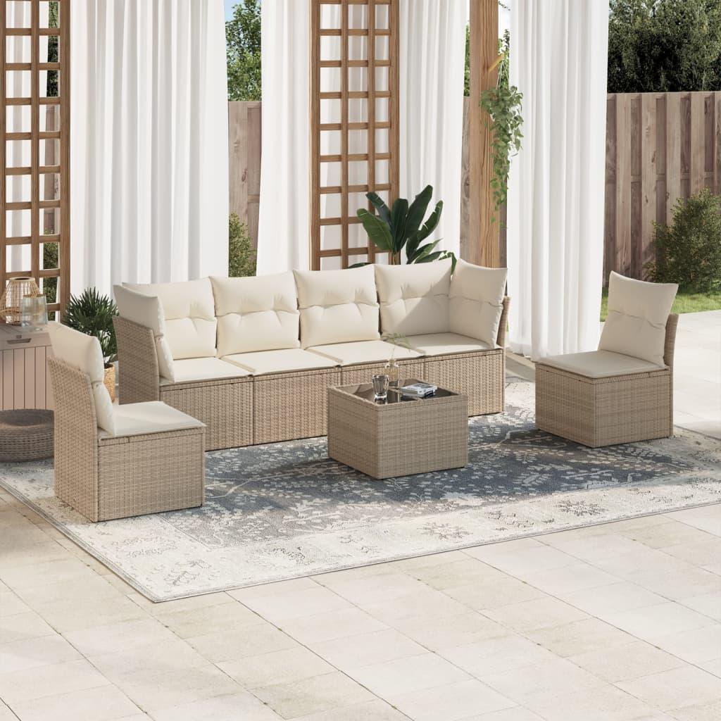 Sofasæt Til Haven 6 Dele Med Hynder Polyrattan Beige - beige og cremefarvet / Med bord