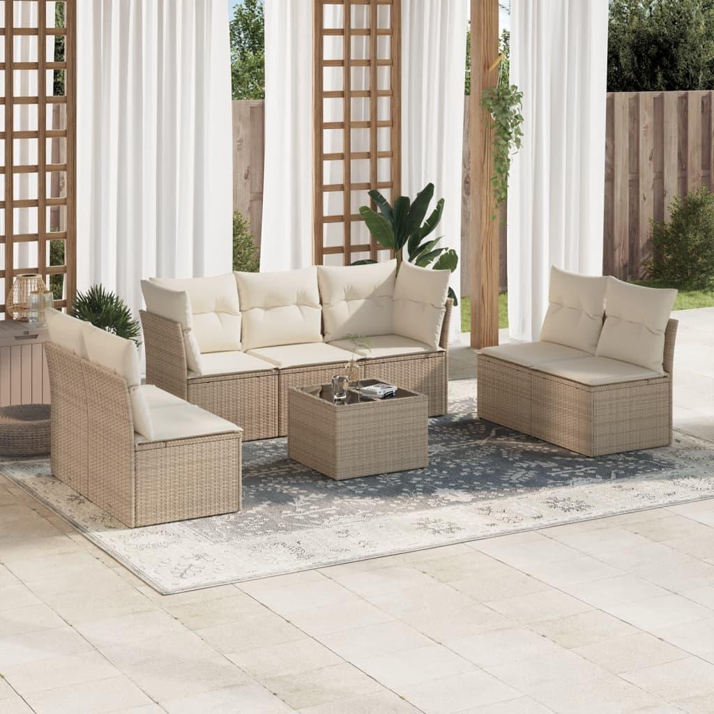 Sofasæt Til Haven 7 Dele Med Hynder Polyrattan Beige - beige og cremefarvet / Med bord