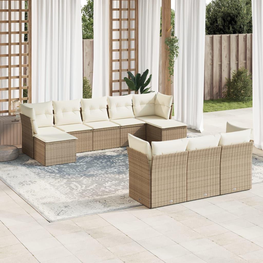 Sofasæt til haven i polyrattan, 10 dele med hynder - beige