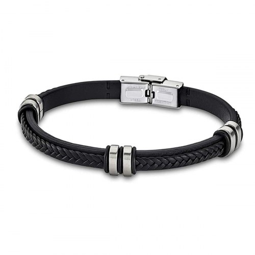 Lotus LS1829-2/A herrearmbånd - sort læderlook og stål detaljer