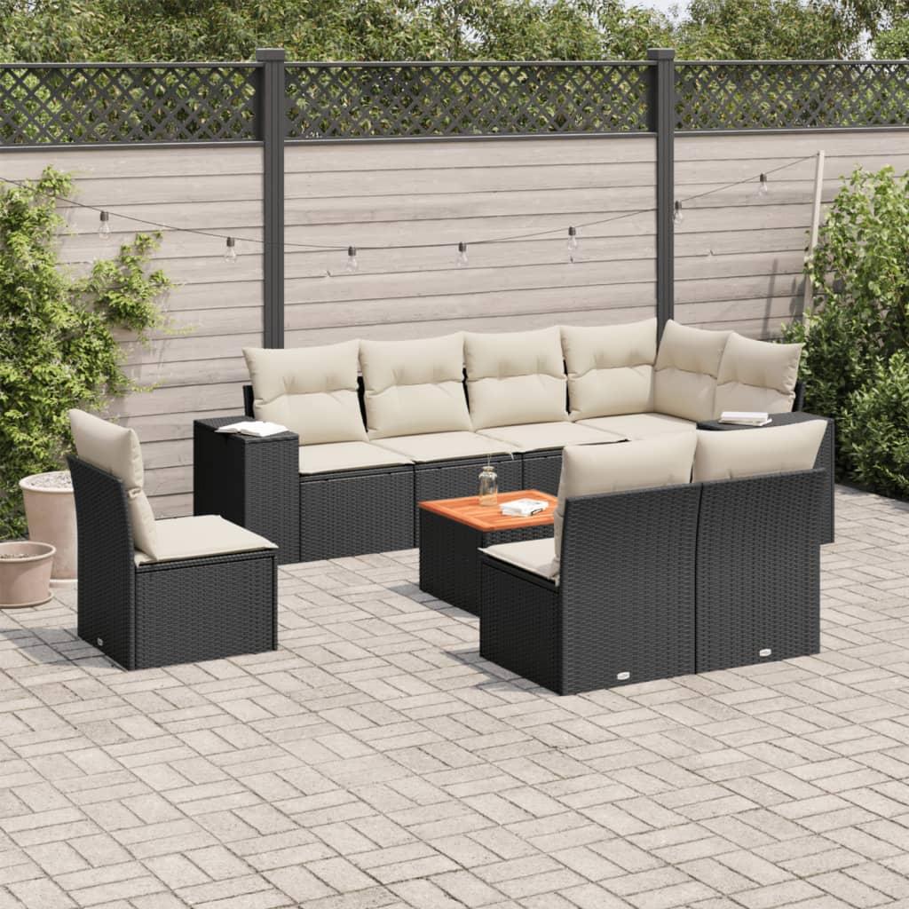 Sofasæt til haven, 9 dele med hynder - polyrattan, sort