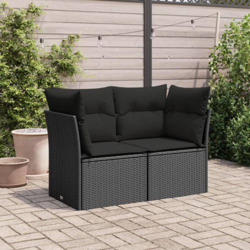 Havesofa med hynder - 2-personers, sort polyrattan