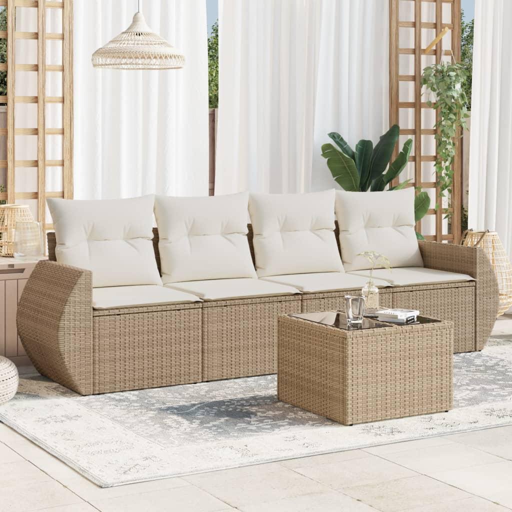 Sofasæt til haven 5 dele med hynder og opbevaring i polyrattan beige