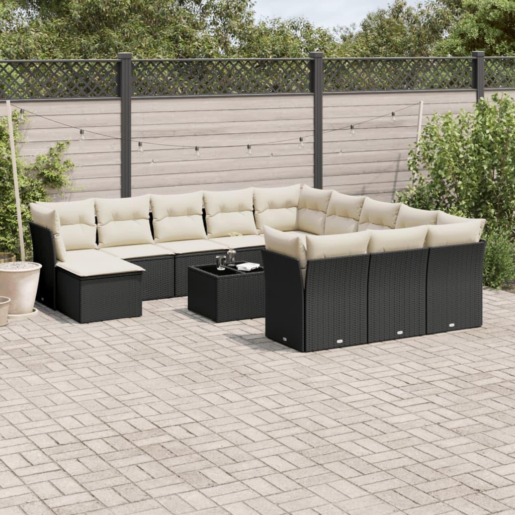 Sofasæt Til Haven 13 Dele Med Hynder Polyrattan - Sort og cremefarvet / Med bord