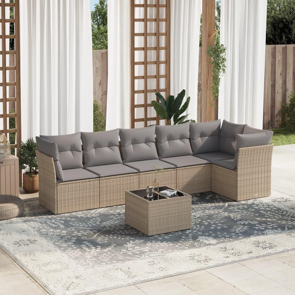 Sofasæt til haven i polyrattan - 7 dele med hynder og opbevaring, beige/lysegrå