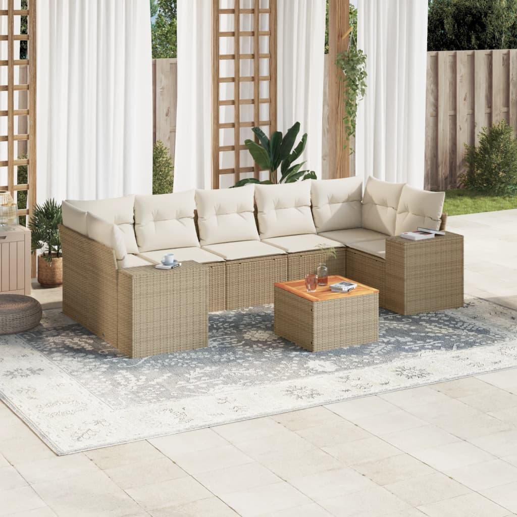 Sofasæt til haven i polyrattan - 8 dele med hynder, beige
