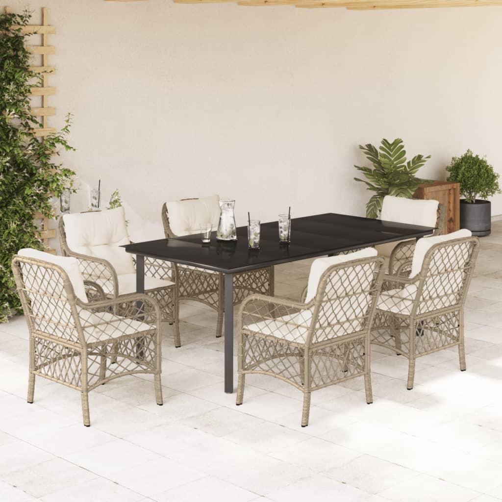 Bistrosæt til Haven 3 Dele med Hynder Polyrattan Beige - 200 cm bordlængde / Rundt ben / 6