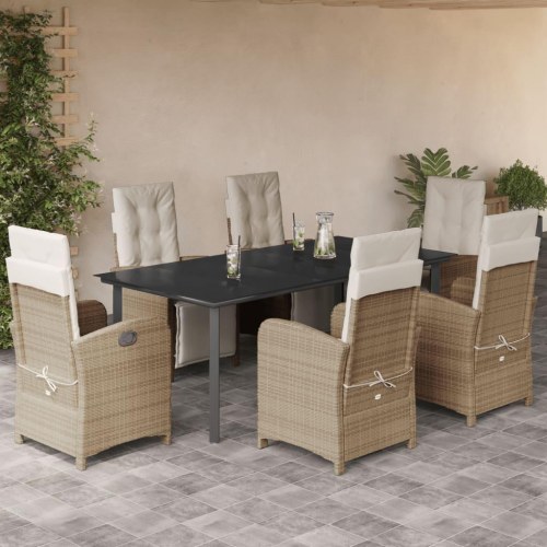 Spisebordssæt til haven 7 dele med hynder i polyrattan - beige/sort glasbord