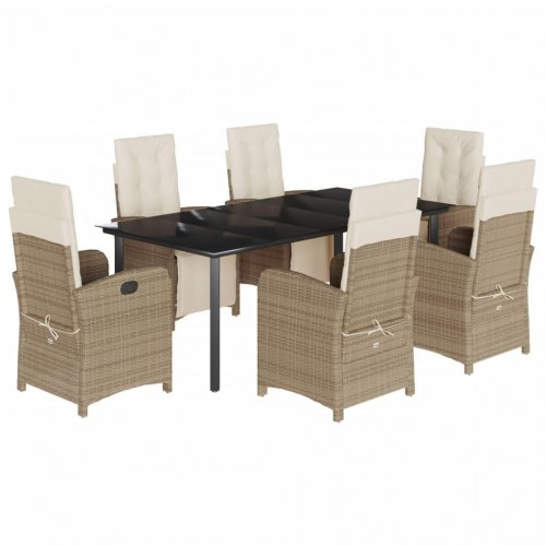 Spisebordssæt til haven 7 dele med hynder i polyrattan - beige/sort glasbord