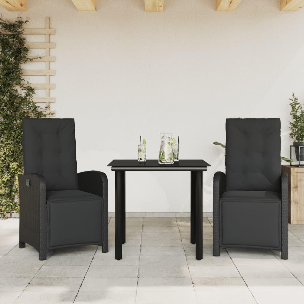 Bistrosæt til Haven 3 Dele med Hynder Polyrattan Sort - 80 cm bordlængde / Rundt ben / 2
