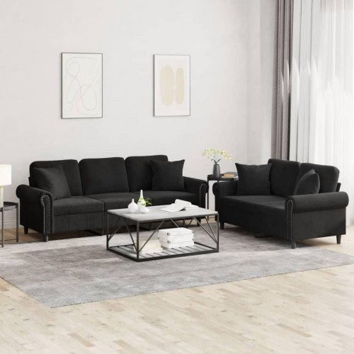 Sofasæt i velour - 2- og 3-personers med puder, sort