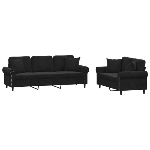 Sofasæt i velour - 2- og 3-personers med puder, sort