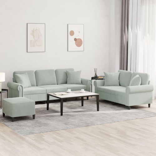 Sofasæt i velour, 3 dele med puder - lysegrå