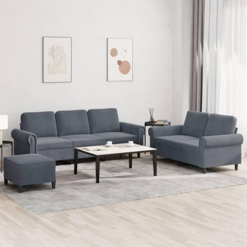 Sofasæt i velour, 3 dele med hynder - mørkegrå