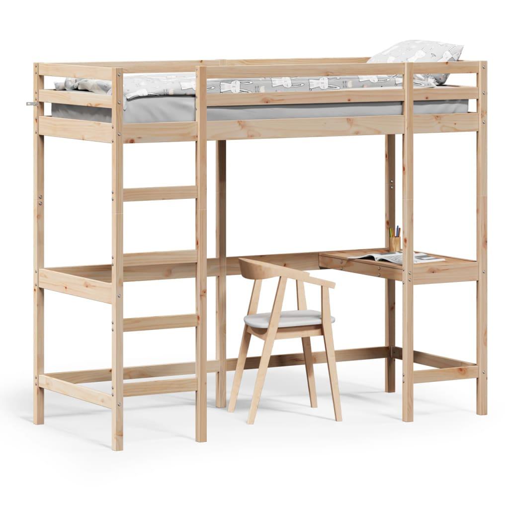 Højseng Med Skrivebord 75x190 Cm Massivt Fyrretræ
