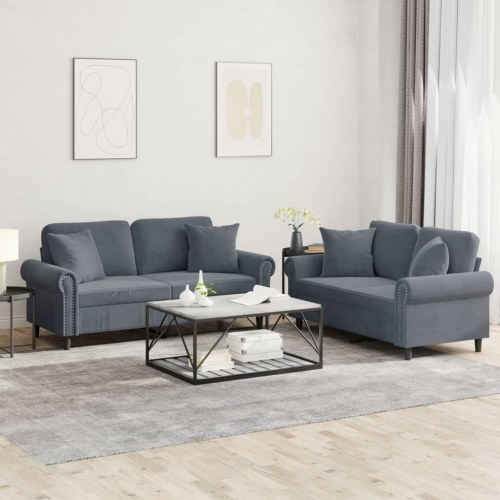 Sofasæt i velour med puder - 2-pers. + 2-pers., mørkegrå