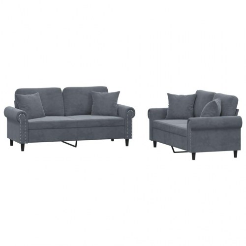 Sofasæt i velour med puder - 2-pers. + 2-pers., mørkegrå