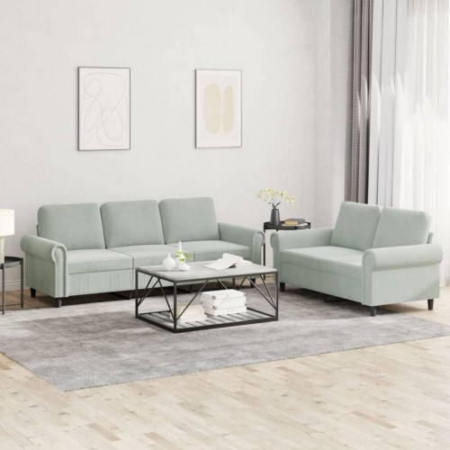 Sofasæt i velour, 2 dele med hynder - lysegrå