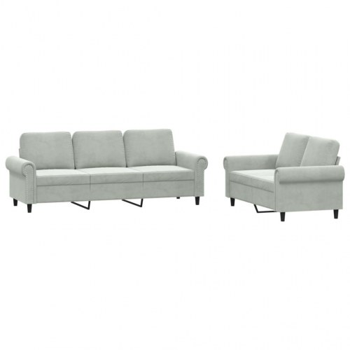 Sofasæt i velour, 2 dele med hynder - lysegrå