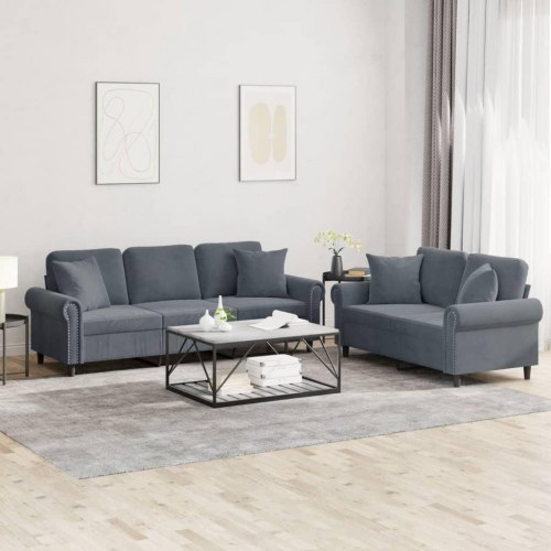 Sofasæt i velour med puder - 2- og 3-personers, mørkegrå