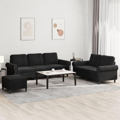 Sofasæt i velour - 3 dele med hynder, sort