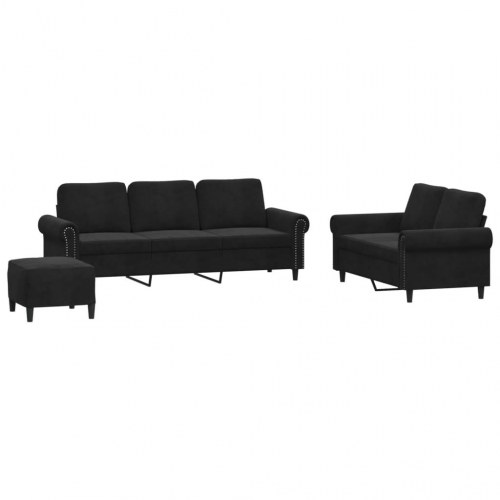 Sofasæt i velour - 3 dele med hynder, sort