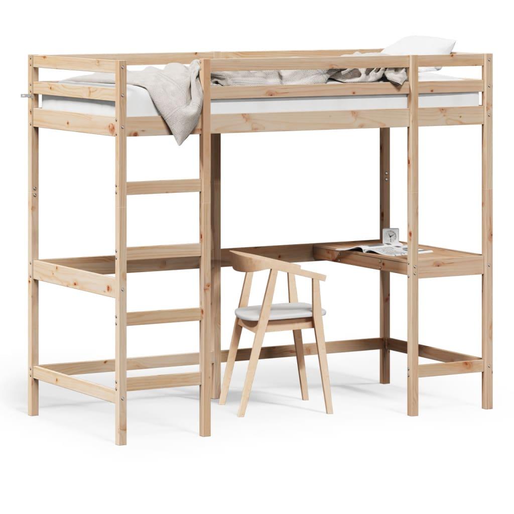Højseng Med Skrivebord 90x190 Cm Massivt Fyrretræ