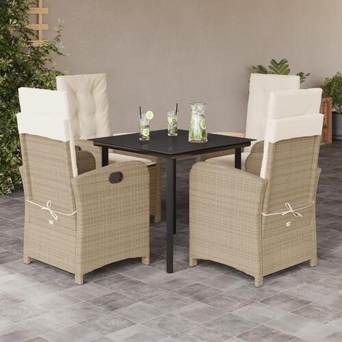 Spisebordssæt til haven 5 dele med hynder polyrattan beige