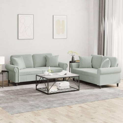 Sofasæt i velour med puder - 2 dele, lysegrå