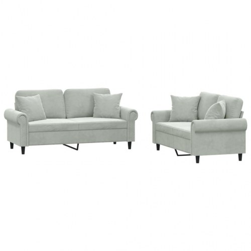 Sofasæt i velour med puder - 2 dele, lysegrå