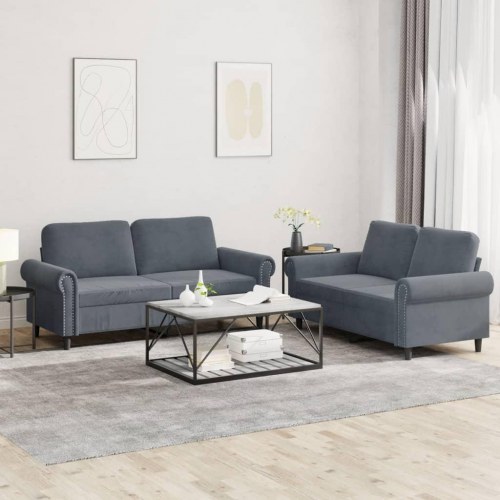 Sofasæt i velour - 2 x 2-personers sofa med hynder, mørkegrå