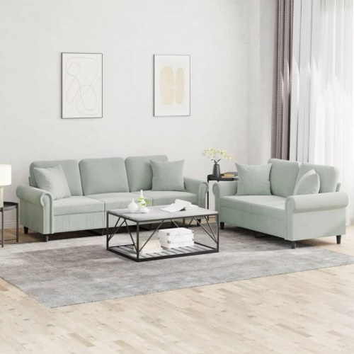 Sofasæt i velour med puder, 2-dele - lysegrå