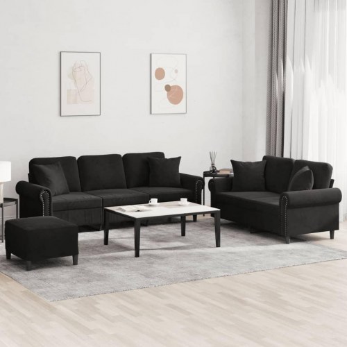 Sofasæt i velour - 3 dele med puder, sort