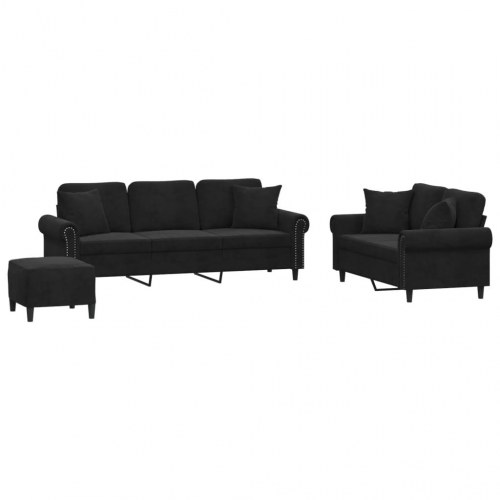 Sofasæt i velour - 3 dele med puder, sort