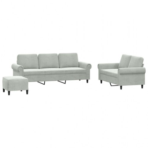 Sofasæt i velour - 3 dele med hynder, lysegrå